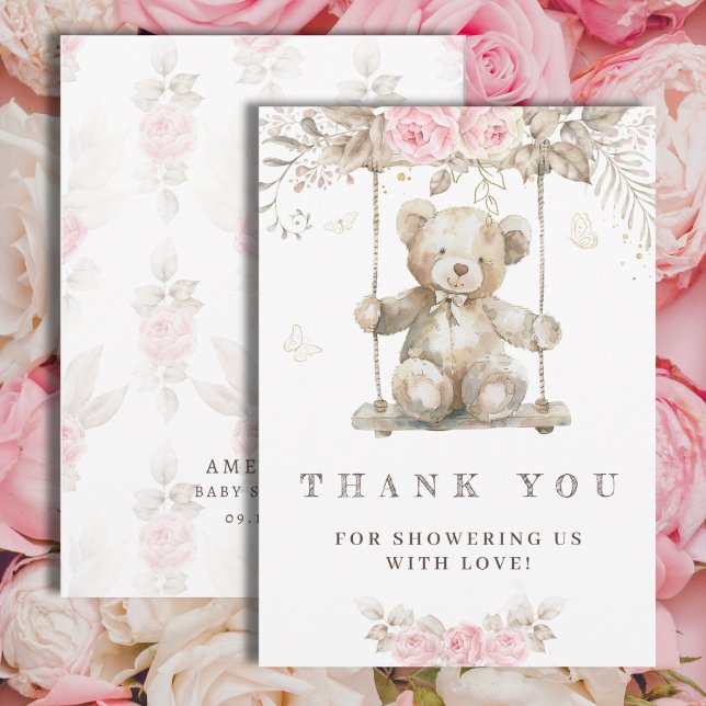 Cartão De Agradecimento Ursa Beige Adocicado em Aquarela Flora Rosa (Criador carregado)