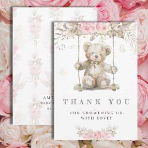 Cartão De Agradecimento Ursa Beige Adocicado Flor de Rosa em Aquarela