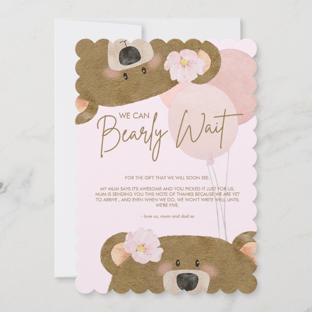 Cartão De Agradecimento Ursinho Rosa Que Podemos Brindar Chá de fraldas De (Frente)