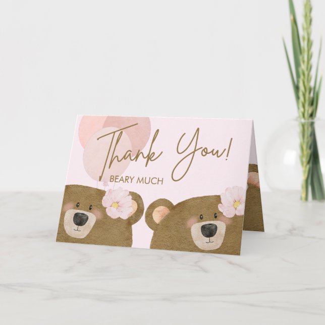 Cartão De Agradecimento Ursinho Rosa Que Podemos Brindar Chá de fraldas De (Frente)