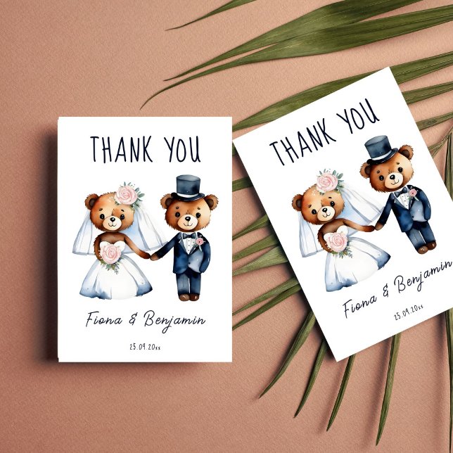 Cartão De Agradecimento Ursinhos de pelúcia fofos casal noiva casamento ob (Cute whimsical funny teddy bears dressed as bride and groom wedding thank you card template)