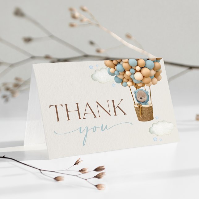 Cartão De Agradecimento Urso, Balões Azuis, Balão de Ar Quente, Chá de fra (Criador carregado)