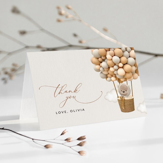 Cartão De Agradecimento Urso, Balões de Beige, Balão de Ar Quente, Chá de  (Criador carregado)