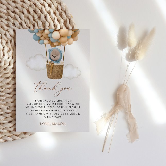 Cartão De Agradecimento Urso Bastante, Balões Azuis, Primeiro Aniversário (Criador carregado)