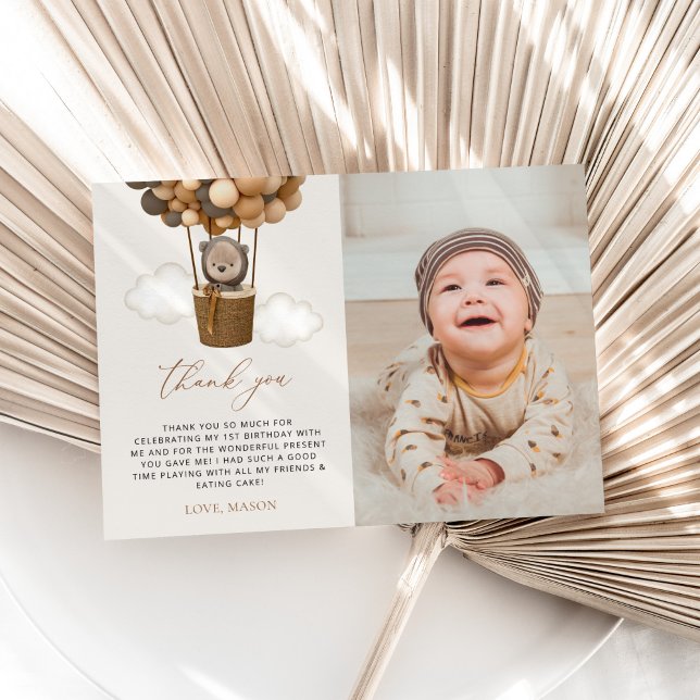 Cartão De Agradecimento Urso Bastante, Balões Marrons, Primeiro Aniversári (Criador carregado)