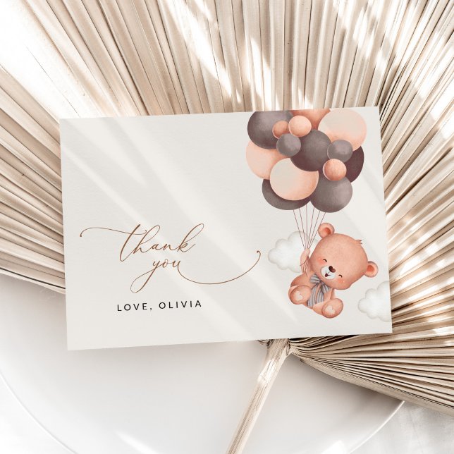 Cartão De Agradecimento Urso Bebê, Urso Teddy, Balões Marrons, Chá de fral (Criador carregado)