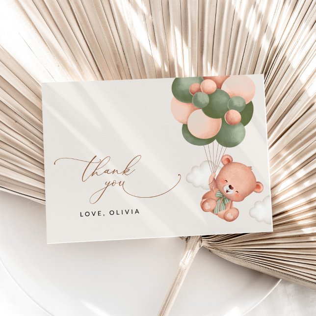 Cartão De Agradecimento Urso Bebê, Urso Teddy, Balões Verdes, Chá de frald (Criador carregado)