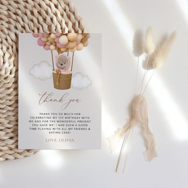 Cartão De Agradecimento Urso Bonito, Balões Rosa, Primeiro Aniversário (Criador carregado)