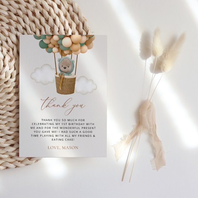 Cartão De Agradecimento Urso Bonito, Balões Verdes, Primeiro Aniversário (Criador carregado)