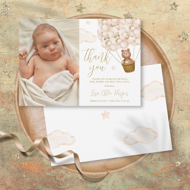 Cartão De Agradecimento Urso Cinto E Balões Nova Foto De Bebê (Cute Bear And Balloons New Baby Photo Thank You Card)