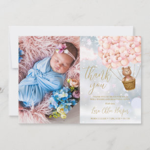 Cartão De Agradecimento Urso de Balões Cor-de-Rosa Fofos Foto de Bebê no I
