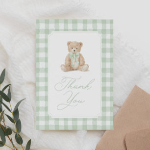 Cartão De Agradecimento Urso de Gingham Verde Salvia para Chá de Bebê