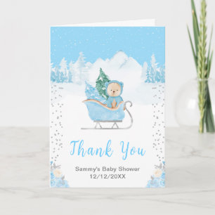 Cartão De Agradecimento Urso de Inverno Azul Trenó Baby Shower Agradecimen
