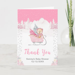 Cartão De Agradecimento Urso de Inverno Rosa Sleigh Baby Shower Obrigado