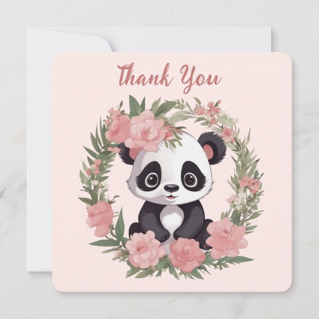 Cartão De Agradecimento Urso de Panda Adorável com Flores (Frente)