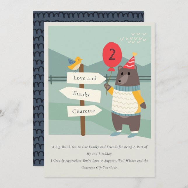 Cartão De Agradecimento Urso de Pássaro Fofo Marco Montanha Aniversário de (Frente/Verso)