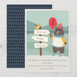 Cartão De Agradecimento Urso de Pássaro Fofo Marco Montanha Aniversário de