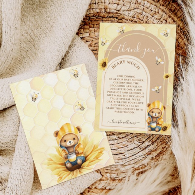 Cartão De Agradecimento Urso de Pelúcia com Mel & Flores Churrasco de Bebê (Criador carregado)