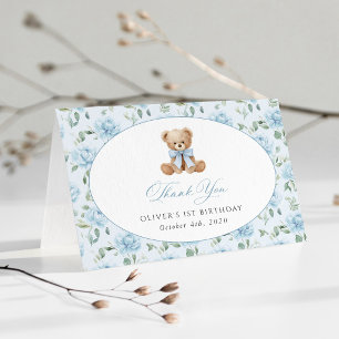 Cartão De Agradecimento Urso de Pelúcia, Laço Azul, Flores Azuis, Primeiro