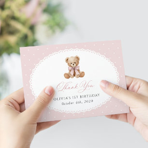 Cartão De Agradecimento Urso de Pelúcia, Laço, Bolinhas Cor-de-Rosa, Prime