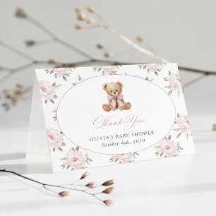 Cartão De Agradecimento Urso de Pelúcia, Laço Rosa, Flores Rosas, Chá de B