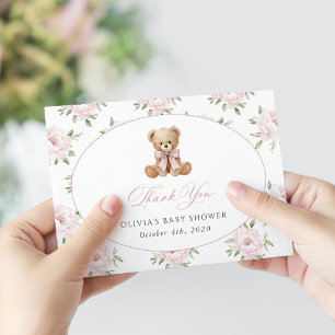 Cartão De Agradecimento Urso de Pelúcia, Laço Rosa, Flores Rosas, Chá de B