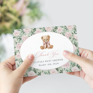 Cartão De Agradecimento Urso de Pelúcia, Laço Rosa, Flores Rosas, Chás de