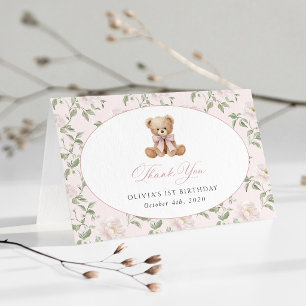 Cartão De Agradecimento Urso de Pelúcia, Laço Rosa, Flores Rosas, Primeiro