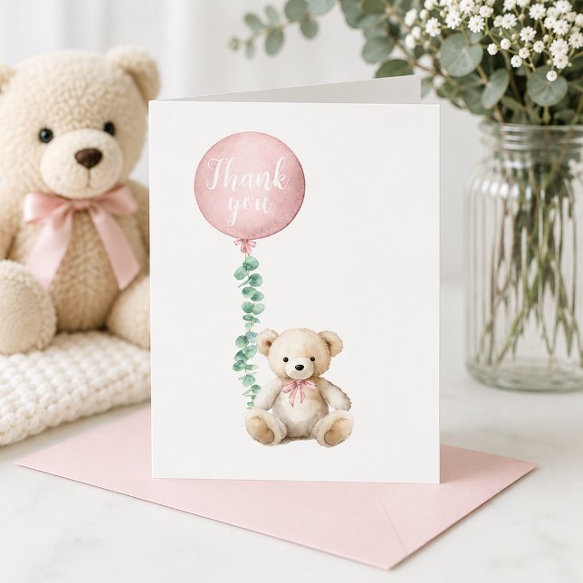 Cartão de Agradecimento Urso de Pelúcia Rosa Bege (Pink Balloon Thank You Card)