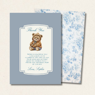 Cartão De Agradecimento Urso de pelúcia vintage, Toile Francesa Floral Azu