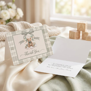 Cartão De Agradecimento Urso de pelúcia xadrez vintage com arco verde-sage