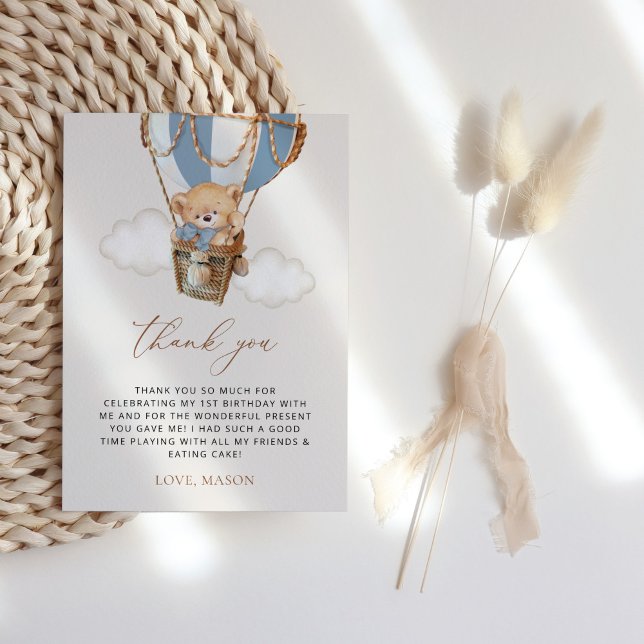 Cartão De Agradecimento Urso de Teddy, Balão de Ar Quente Azul, Primeiro A (Criador carregado)