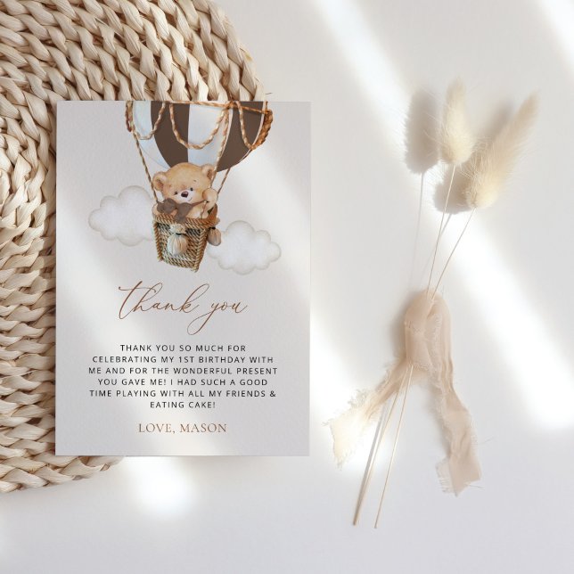 Cartão De Agradecimento Urso de Teddy, Balão de Ar Quente Castanho, Primei (Criador carregado)