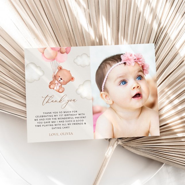 Cartão De Agradecimento Urso de Teddy, Balões Roxos, Primeiro Aniversário (Criador carregado)