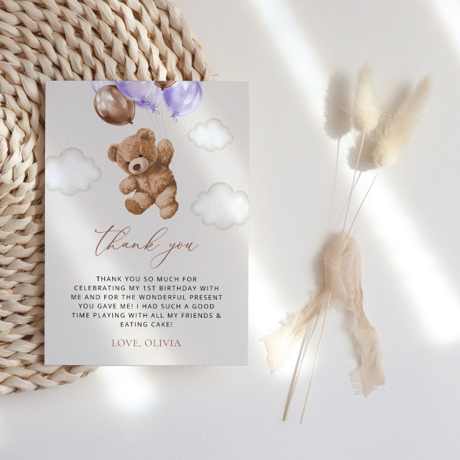 Cartão De Agradecimento Urso de Teddy, Balões Roxos, Primeiro Aniversário (Criador carregado)
