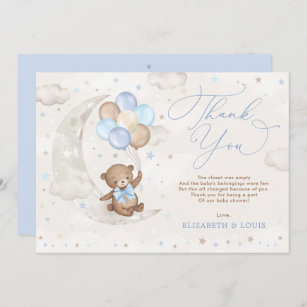 Cartão De Agradecimento Urso de Teddy Bonito na Lua com Balões Marrons Azu