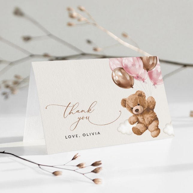 Cartão De Agradecimento Urso De Teddy, Urso De Bebê, Balões Rosa, Chá de f (Criador carregado)
