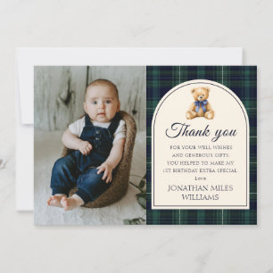 Cartão De Agradecimento Urso de Tiarinha Azul Xadrez Aniversário Foto