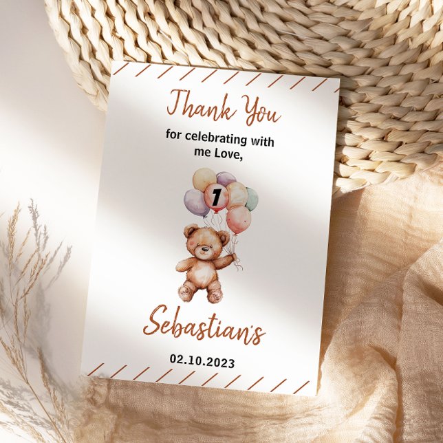 Cartão De Agradecimento Urso Teddy Fofo 1º Aniversário | Urso Doce (Cute Teddy Bear 1st Birthday | Sweet Bear Thank You Card
)