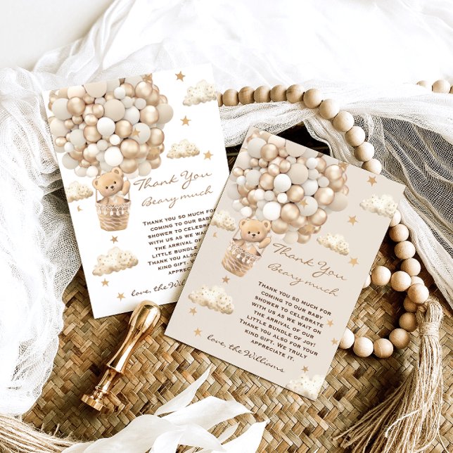 Cartão De Agradecimento Ursos Balões Esperam Chá de fraldas Dourado (Criador carregado)