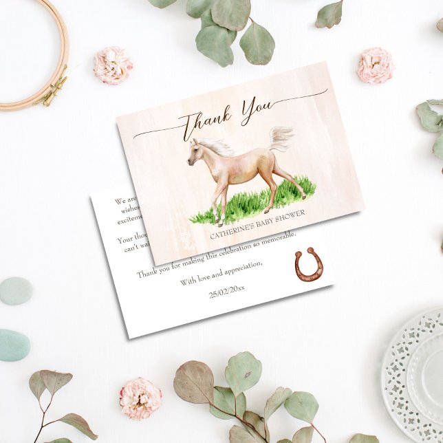 Cartão De Agradecimento Vá lá, bebê, cavalo derby, chá de fraldas equestre (Go baby go horse race derby equestrian baby shower thank you cards cute beige running foal)