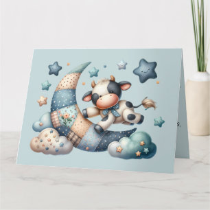 Cartão De Agradecimento Vaca de Patchwork Fofa sobre a Lua com Estrelas