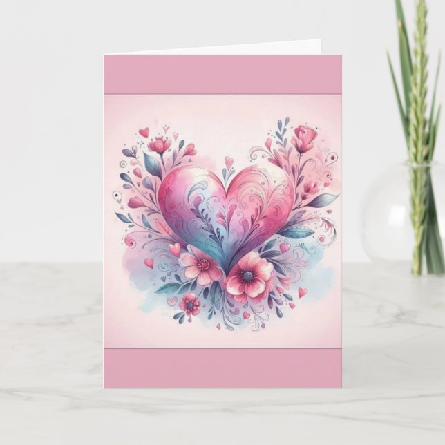Cartão De Agradecimento Valentine's Day Card Pink Flowers Pink Heart (Frente)