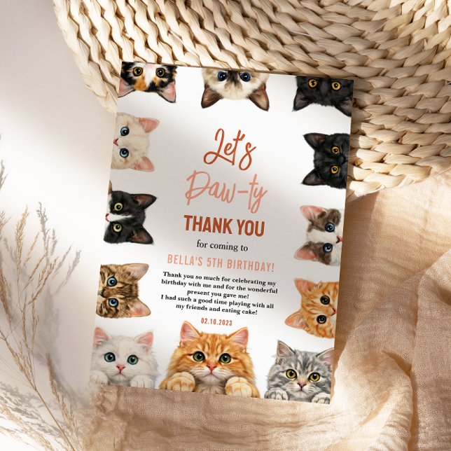 Cartão De Agradecimento Vamos festejar o aniversário de 5 anos do gato | A (Let's Pawty Cat 5th Birthday | Custom Birthday Kid Thank You Card
)