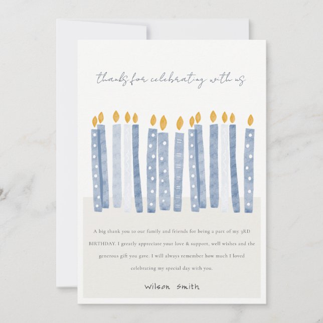 Cartão De Agradecimento Velas de Aniversário Aquarela Azul Pastel Macio Fo (Frente)
