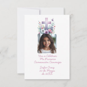 Cartão De Agradecimento Ven A Celebrar Mi Primera Comunhão con Foto Flores