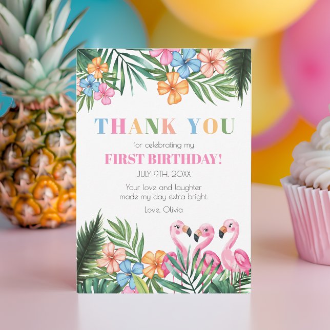 Cartão De Agradecimento Verão Tropical Flamingo Kids Primeiro Aniversário (Summer Tropical Flamingo Kids First 1st Birthday Thank You Card)