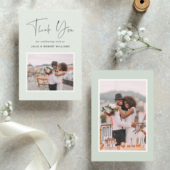 Cartão De Agradecimento Verde | 2 Foto Obrigado de Casamento por Caligrafi (Front & Back)