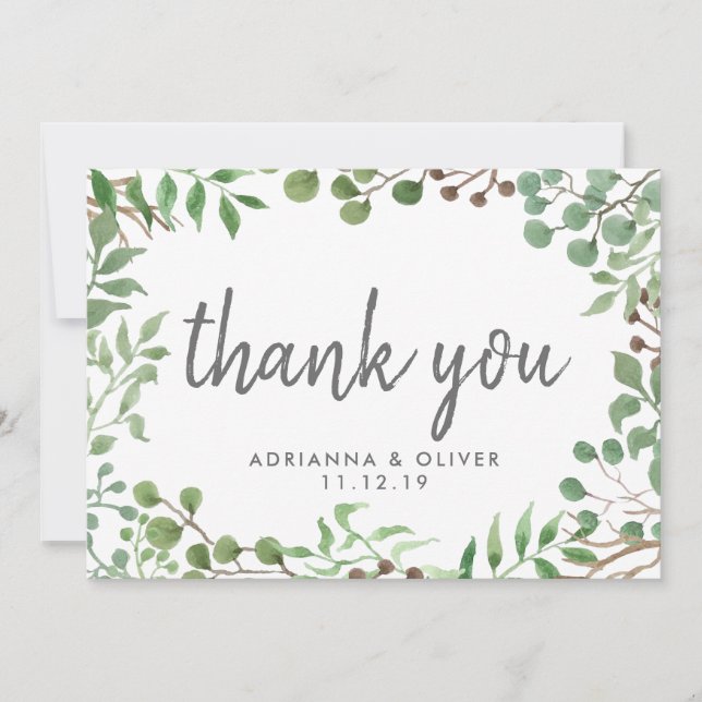 Cartão De Agradecimento Verde Botânico | Folha | Casamento Obrigado (Frente)