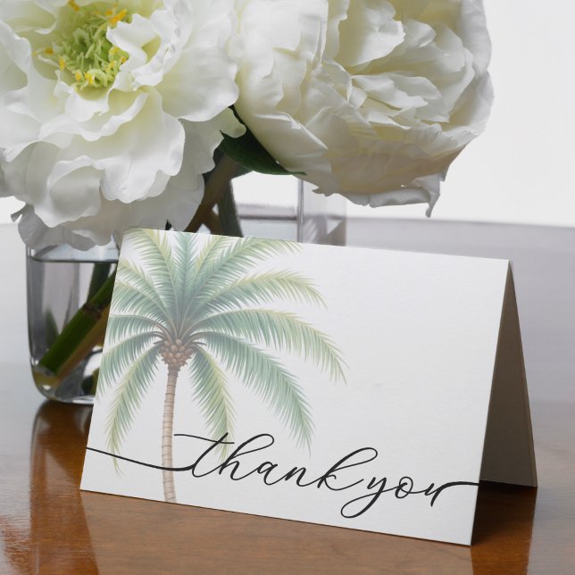 Cartão De Agradecimento Verde de Casamento de Destino da Ilha Palm Tree (Palm Tree Island Destination Wedding Green Thank You Card)